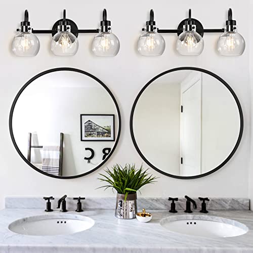 Bathroom Light Fixtures, Black 3 Lights Vanity Light, Farmhouse Wall Sconces with Globe Glass Shade, Porch Wall Mount Lamp for Mirror, Kitchen, Porch Living Room Workshop (E26 Base) | Farmhouse Wall Sconces with Clear Globe Glass Shade, Wall Mount Lamp fo
