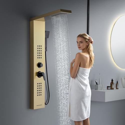 ROVATE 4 in 1 Rainfall Shower Panel Tower with Powerful Body Jets, Gold | High Pressure Stainless Steel Shower Column with Flexible Handheld, Waterfall Tub Spout, Adjustable Waterflow