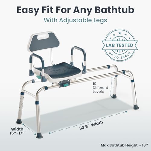 Sliding Shower Chair Tub Transfer Bench with Swivel Seat, Shower Bench for Elderly and Disabled, with Security Belt, 360 Rotation, Slides and Rotates, Adjustable,one Touch Slide Button, Dark Blue - color: Dark Blue
