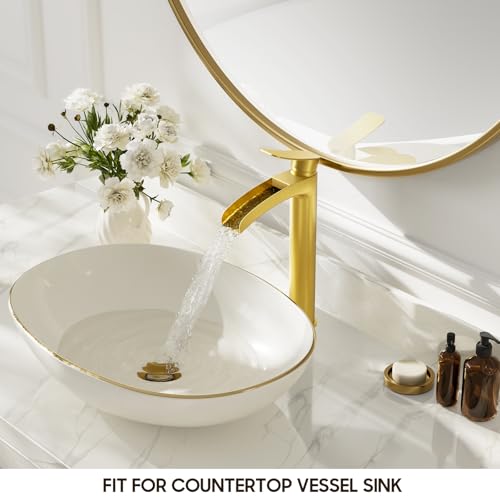 Phiestina Brushed Gold Tall Bathroom Vessel Sink Faucet, Single Hole Single Handle Waterfall Modern Bathroom Faucet, with Pop Up Drain and Water Supply Line, NS-SF01-BG-V - color: Brushed Gold, style: 1 pack