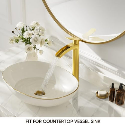 Phiestina Brushed Gold Tall Bathroom Vessel Sink Faucet, Single Hole Single Handle Waterfall Modern Bathroom Faucet, with Pop Up Drain and Water Supply Line, NS-SF01-BG-V - color: Brushed Gold, style: 1 pack