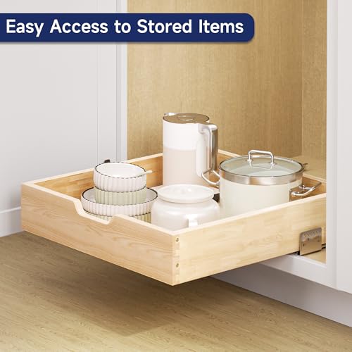 Pull Out Cabinet Organizer, 19.5 in W x 21 in D Solid Wood Slide Out Drawer, Soft Close Sliding Shelf, Bottom or Side Mount for Kitchen Pantry Bathroom, Fits 20.5 in Cabinet Opening - size: 19½” W × 4"H x 21” D
