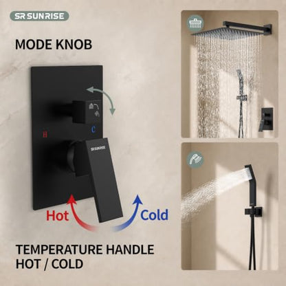 SR SUN RISE Matte Black Square Rainfall Shower Head and Handle Set, Wall Mounted Shower Fixtures, Metal Shower Faucet Trim Repair Kits (With Shower Valve) 16 Inches - color: Matte Black, size: 16 Inch