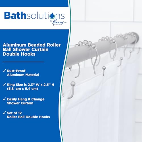 Kenney KN67124 Rust-Proof Gliding Aluminum Beaded Shower Curtain Rings with Double Hanging Hooks for Shower Curtain and Standard Shower Curtain Rod, Bathroom Use, Easy to Install, 12-Pack, Matte Gray