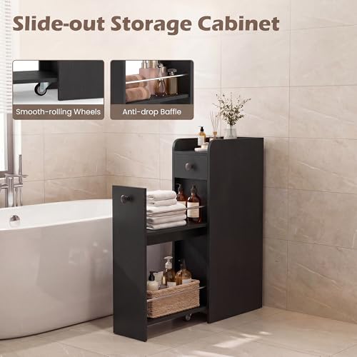 COSTWAY Slim Bathroom Cabinet, Freestanding Narrow Organizer, Black | 7" Wide Space-Saving Storage with 2-Tier Slide-Out Drawer, Shelf & Toilet Paper Holder, for Bathroom, Laundry & Small Spaces - color: Black