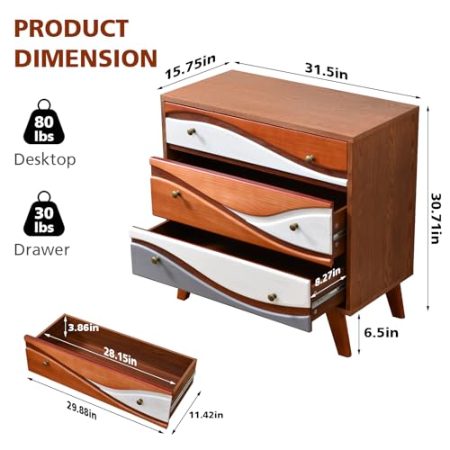 Ahokua 3-Drawer Dresser with Sculpted Wave Fronts, Tri-Color Drawer Design, Modern Chest of Drawers Storage Cabinet for Bedroom, Living Room, Hallway, or Office