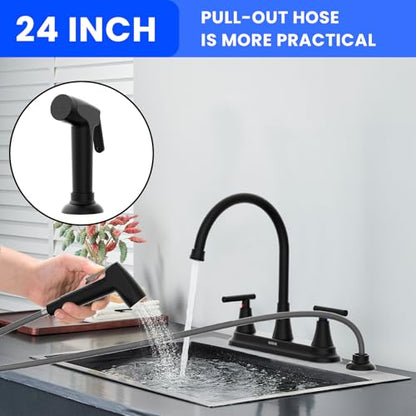 HURRAN 2-Handle Kitchen Faucet with Pull-Out Side Sprayer, 8 Inch High Arch Stainless Steel 360°Rotating Kitchen Sink Faucet, 4 Hole Faucet for Kitchen Bar Rv Camper, Black - color: Black, style: With Side Sprayer