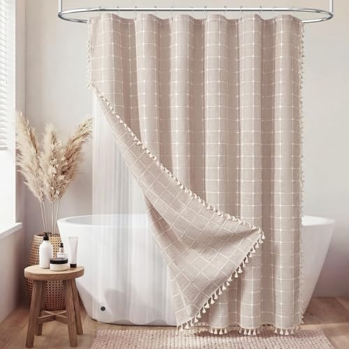 3-in-1 Stall Boho Linen Shower Curtain Set with Liner, 36x72, Taupe | Half Size, 330GSM Linen Blend, Waterproof PEVA Liner, Heavy Duty Fabric, 6 Plastic Hooks, Modern Farmhouse, Machine Washable - color: Taupe With Liner, size: 36"W x 72"L (Pack of 1)