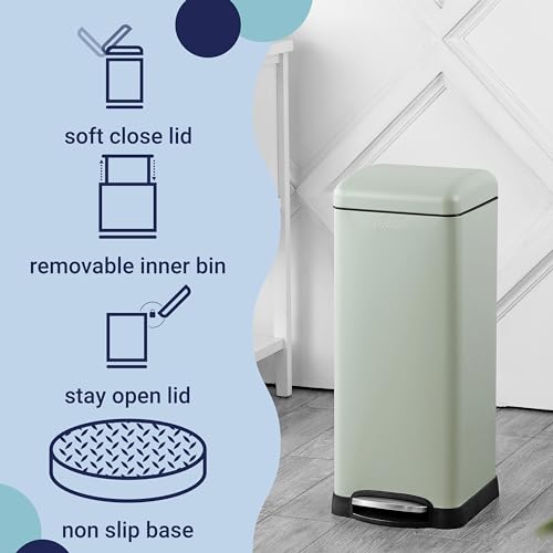 happimess HPM1007E Betty Retro 8-Gallon Step-Open Trash Can with Soft-Close Lid, Fingerprint Resistant, Modern, Minimalistic for Home, Kitchen, Laundry Room, Office, Bedroom, Bathroom, Mint Green | Fingerprint Resistant, Removable Liner, Semi-Rectangular,