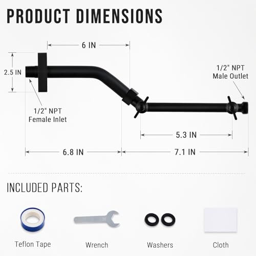 G-Promise 6 Inch Shower Extender with 6 Inch Arm and Flange(Matte Black) | Solid Brass Construction, Height and Angle Adjustable, Standard Connection Thread, All Installation Tools Included - color: Matte Black, style: 6 Inch