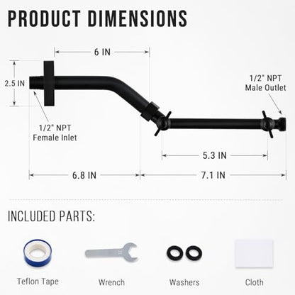 G-Promise 6 Inch Shower Extender with 6 Inch Arm and Flange(Matte Black) | Solid Brass Construction, Height and Angle Adjustable, Standard Connection Thread, All Installation Tools Included - color: Matte Black, style: 6 Inch