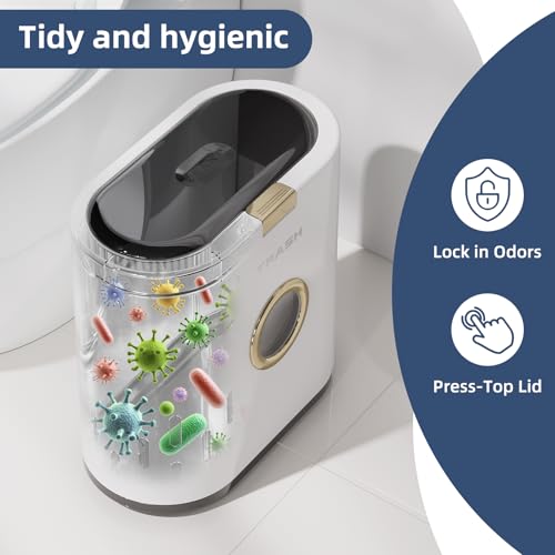 Bathroom Trash can with lid, 3.4 gallon/13 Liter Ultra-Thin Plastic Trash can, Press flip lid Sealed, Suitable for Kitchen, Bedroom, Office, Laundry Room, Toilet, RV (White)