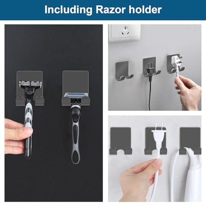 Razor Holder 304 Stainless Steel for Shower + Adhesive Sticky Heavy Duty Waterproof Wall Hooks, Premium for Hanging Towels, Coat, hat (2+2 Pack) - Grey - color: Grey-4pcs