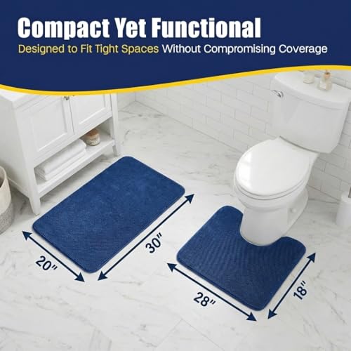 Muddy Mat® CloudStep Bathroom Rugs 2 Piece Set, Non Slip Bath Mats for Bathroom, Absorbent Memory Foam Chenille, Machine Washable Quick Dry Toilet Rug Set, Navy Blue 20"x30" + 20"x20" U-Shaped - color: Navy Blue