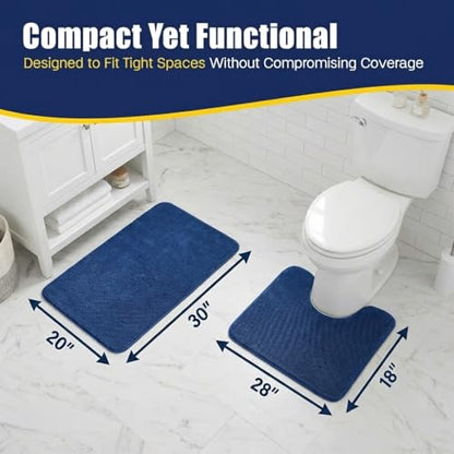 Muddy Mat® CloudStep Bathroom Rugs 2 Piece Set, Non Slip Bath Mats for Bathroom, Absorbent Memory Foam Chenille, Machine Washable Quick Dry Toilet Rug Set, Navy Blue 20"x30" + 20"x20" U-Shaped - color: Navy Blue