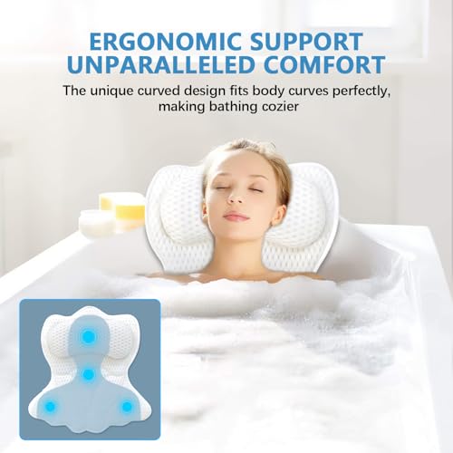 REEZEIVI Bath Pillows for Tub,Thick Neck Back Support Bathtub Cushion,White | 4D breathable body-fitting mesh, 6 strong anti-slip suction cups, machine washable & quick drying, durable for all bathtubs - color: White