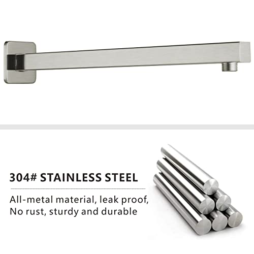 Voolan 16" Square Shower Arm with Flange and Teflon Tape, Extension Shower Head Arm for Bathroom Fixed Shower Head, Solid Stainless Steel, Wall Mounted (Brushed Nickel) - color: Brushed Nickel, style: 16 Inch