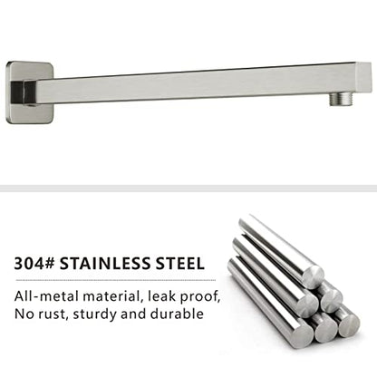 Voolan 16" Square Shower Arm with Flange and Teflon Tape, Extension Shower Head Arm for Bathroom Fixed Shower Head, Solid Stainless Steel, Wall Mounted (Brushed Nickel) - color: Brushed Nickel, style: 16 Inch