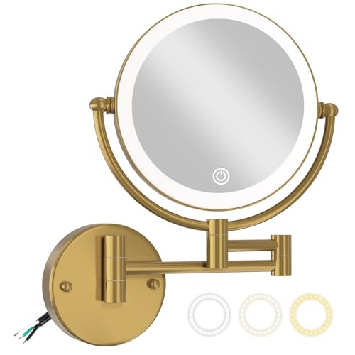 8" Lighted Wall Mounted Makeup Mirror 1X/10X Magnification Gold | Rechargeable, 2 Sided, 3 Color LED with Touch Dimming, 360 Swivel Extendable Arm Vanity Shaving, Brushed Moderne Brass - color: Brushed Moderne Brass