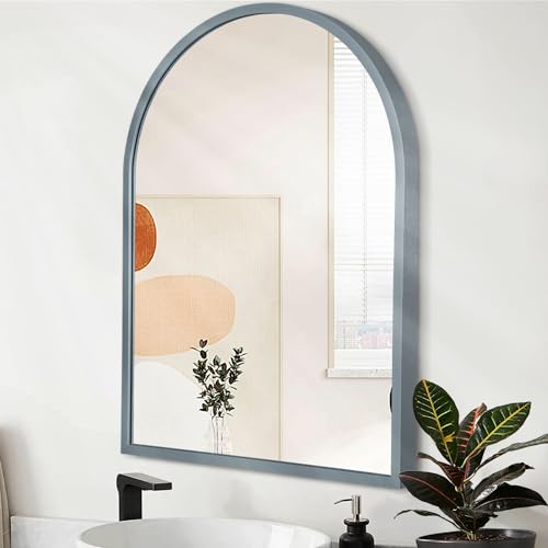 Wall Mirror Arched Bathroom Mirrors Aluminum Alloy Frame Contemporary Hanging Vanity Mirror for Living Room Bedroom Entryway Vanity, Brushed Metal Framed Wall Mounted Mirror Gray 16"x12" - color: Grey, size: 16"L x 12"W