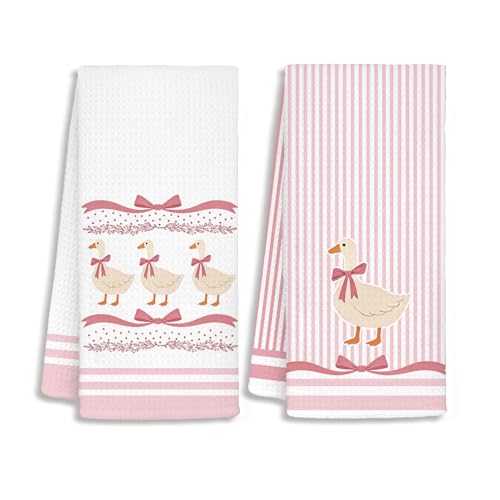 Goose Kitchen Hand Towels，Pink Goose Bathroom Decor，Goose Gifts，Preppy Bow Farm Animals Decorative Hand Towels for Kids Girls Bathroom Decor, 16x24 Inch Set of 2 - color: Pink-s