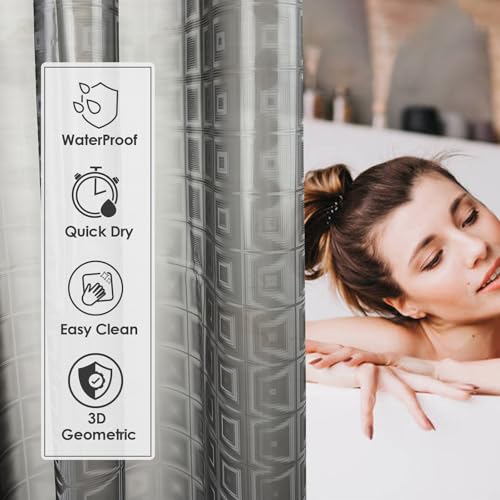 Grey Plastic Shower Curtain Liner, 3D Pattern, 70x72 in, 1 Pack | 100% waterproof, PEVA, modern 3D square pattern, 12 rust-free pouch holes, fits standard tubs, for home, hotel, dorm - color: Square-gray