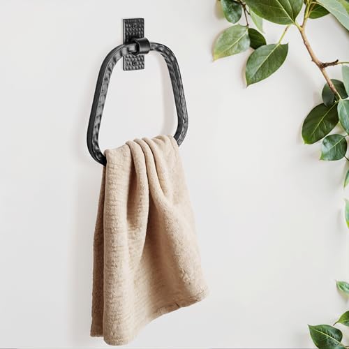 Monarch Abode Bathroom Towel Holder – 7-Inch Round Matte Black Bathroom Hand Towel Holder for Bathrooms Wall, Metal Hand Hammered Towels Ring Wall Mount, Modern Surface-Mounted Ring Hanger - color: Matte Black, style: Modern