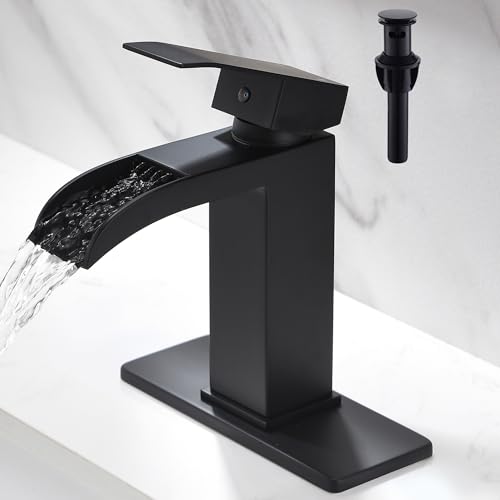 Waterfall Bathroom Faucet Black - Single Handle Bathroom Sink Faucets 1 or 3 Hole for 4IN Modern Solid Vanity Faucet with Deck Plate & Overflow Pop Up Drain Matte Black - color: A- Black