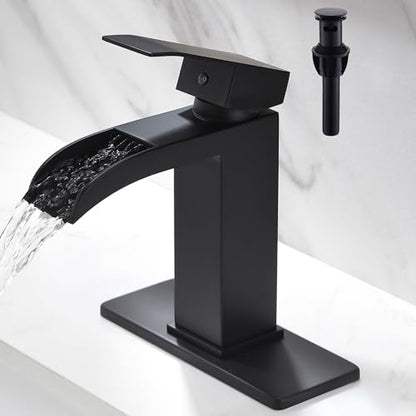 Waterfall Bathroom Faucet Black - Single Handle Bathroom Sink Faucets 1 or 3 Hole for 4IN Modern Solid Vanity Faucet with Deck Plate & Overflow Pop Up Drain Matte Black - color: A- Black