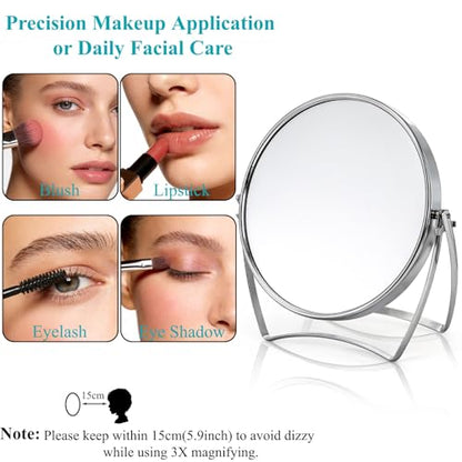 2 Pack Two-Sided Makeup Mirror with Handle, 1X and 3X Magnifying Mirror, 360° Swivel Vanity Table Mirror, Portable Bathroom Shaving Mirror for Desk, Travel, Women, 6" Round