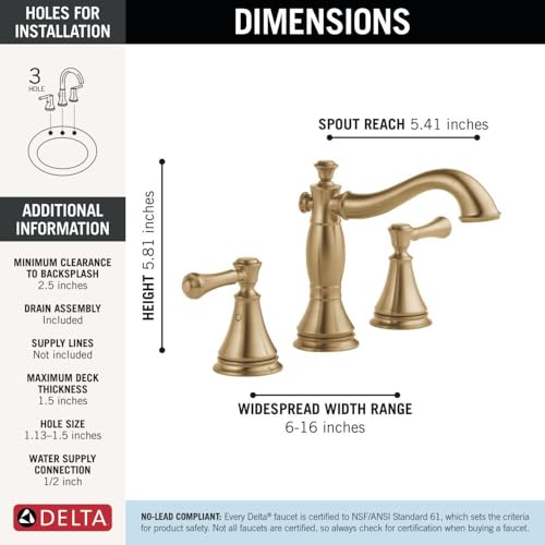 Delta Cassidy Brushed Gold Bathroom Faucet 3 Hole, 8 Inch Widespread Bathroom Sink Faucet for Vanity, Metal Push-Pop Drain Assembly, Champagne Bronze 3597LF-CZMPU - color: Champagne Bronze