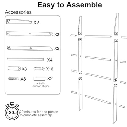 Blanket Ladder 5.6FT for Bathroom, 4 Tier Modern Decor Waterproof Blanket Holder for Living Room and Bedroom, Easy Assembly Clear Acrylic Ladder Shelf, Leaning Quilt Rack with Anti Slip Pads