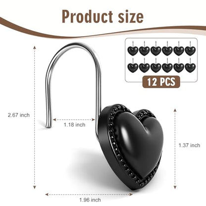 BBV Shower Curtain Hooks Rings for Valentine's Day, 12 Pcs Stainless Steel Glide Shower Hooks for Bathroom Shower Rods Curtains (Black) - color: Black