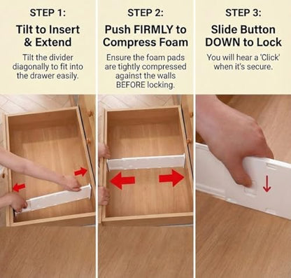 Adjustable Drawer Dividers, 3.1" High, 10.8-17.9", 6 Pack | Expandable organizer with non-slip locking mechanism & foam pads. Fits baby nursery, bathroom vanity & desk drawers.