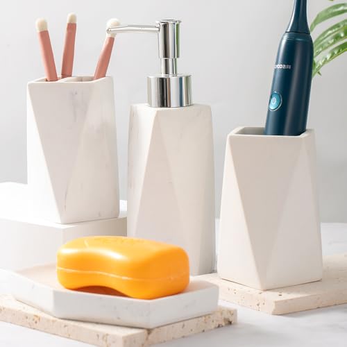 Bathroom Accessory Sets，4 Piece Bathroom Organizer Countertop with Toothbrush Cup,Soap Dispenser,Soap Dish,Tumbler，Imitated Resin Kits Retro Minimalist Style (Prismatic Marble)