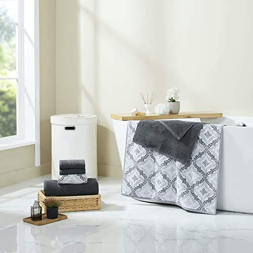 Modern Threads Capri 6-Piece Reversible Yarn Dyed Jacquard Towel Set - Bath Towels, Hand Towels, & Washcloths - Super Absorbent & Quick Dry - 100% Combed Cotton, Coal - color: Charcoal Grey, size: Small, style: Soft Geometric