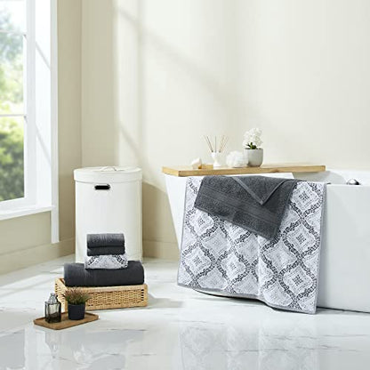 Modern Threads Capri 6-Piece Reversible Yarn Dyed Jacquard Towel Set - Bath Towels, Hand Towels, & Washcloths - Super Absorbent & Quick Dry - 100% Combed Cotton, Coal - color: Charcoal Grey, size: Small, style: Soft Geometric