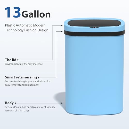 13 Gallon/50 L Kitchen Trash Can with Lid, Garbage Can with Touch-Free Lid, Cute Automatic Trash Can Bathroom Trash Bin, Motion Sensor Waterproof Trash Bin - color: Blue, size: 1 Trash Can