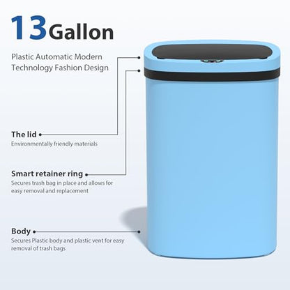 13 Gallon/50 L Kitchen Trash Can with Lid, Garbage Can with Touch-Free Lid, Cute Automatic Trash Can Bathroom Trash Bin, Motion Sensor Waterproof Trash Bin - color: Blue, size: 1 Trash Can
