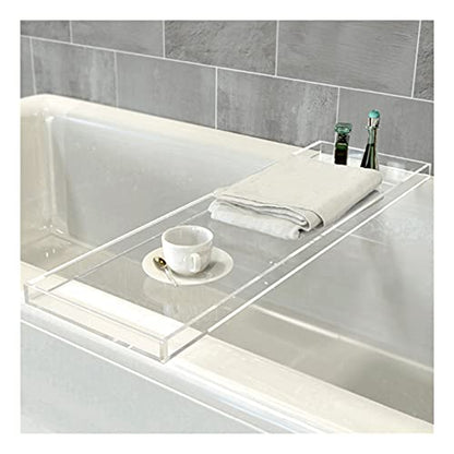 Bathtub Tray Caddy Acrylic Bath Tray, Anti-Slip Wine Glass Book Holder Bath Tub Table Caddy for Home Bathrooms Organizer Shelf Luxury Most Baths,White,82x20cm