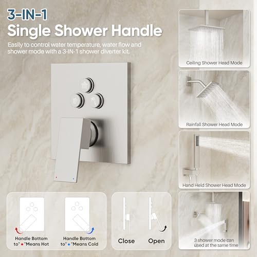 Nickel Shower System, Brushed Nickel Shower Faucet Set, 10'' Ceiling Shower Head, 6'' Wall Mounted Shower Head, 3 In 1 Push Button Shower Valve Kit, Waterfall ShowerHead with Handheld, Brushed Nickel - color: Brushed Nickel