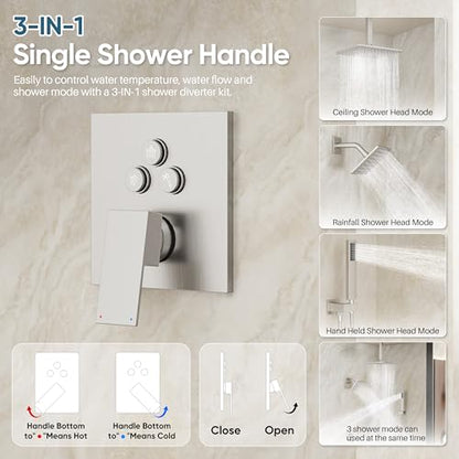 Nickel Shower System, Brushed Nickel Shower Faucet Set, 10'' Ceiling Shower Head, 6'' Wall Mounted Shower Head, 3 In 1 Push Button Shower Valve Kit, Waterfall ShowerHead with Handheld, Brushed Nickel - color: Brushed Nickel