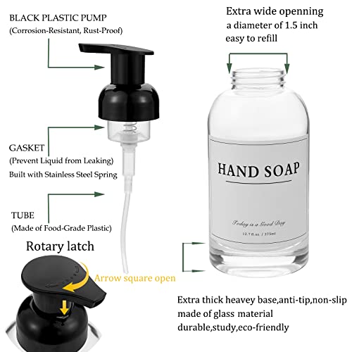 2 Pack Foaming Soap Dispenser, 12.7 Oz Thick Glass Pump, Clear Black | Refillable Foam Soap Bottles for Hand Soap and Body Wash, Ideal for Bathroom Countertop, Kitchen Sink and More - color: Clear