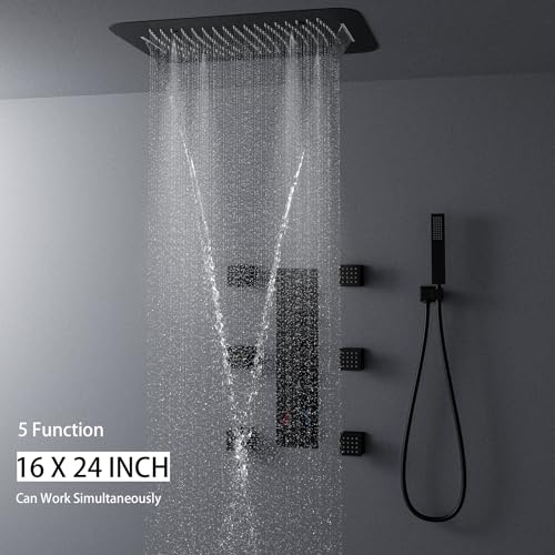 Matte Black Shower System Ceiling Shower Faucet Set with 6PCS Body Jets, 5-Function Thermostatic Shower valve,16 * 24 Inch Shower Head and Handheld Sprayer - color: Matte Black