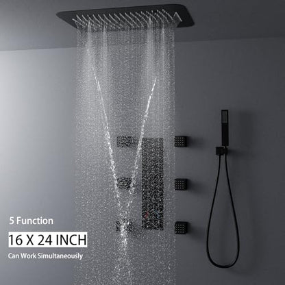 Matte Black Shower System Ceiling Shower Faucet Set with 6PCS Body Jets, 5-Function Thermostatic Shower valve,16 * 24 Inch Shower Head and Handheld Sprayer - color: Matte Black