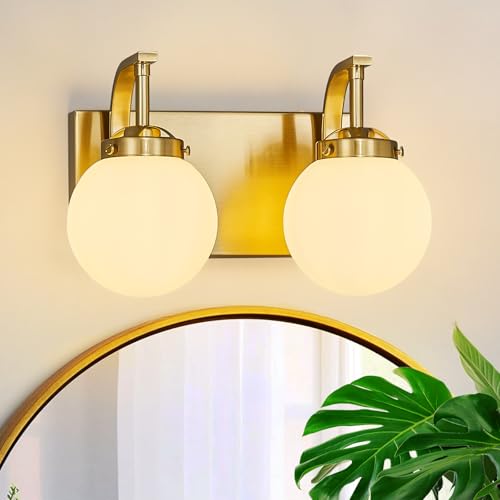 2 Lights Bathroom Vanity Light Fixtures Modern Gold Vanity Light with Milk White Glass Globe Shade Bathroom Lighting Over Mirror Wall Sconce for Bedroom Living Room Hallway - color: Gold, size: M Size Shade-2 Lights