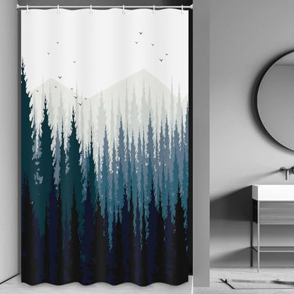 JAWO Stall Shower Curtain Fabric 36 X 72 Inch, Rustic Mountain Forest Scenery Small Shower Stall Curtain Bathroom Set with Hooks - color: Blue, size: 36"W x 72"L (Pack of 1)