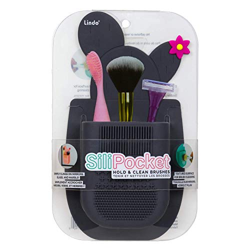 Lindo SiliPocket Silicone Makeup Brush Holder - Toothbrush Holder, Included Brush Cleaning Pad, Extra Strong Self-Adhesive Sticks Easy to Mirrors (Dark Gray) - color: Gray