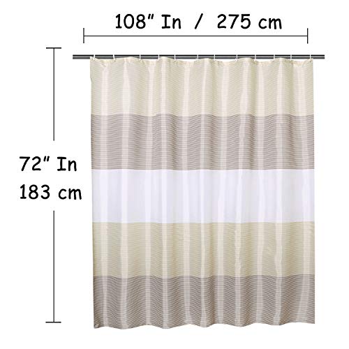 Extra Wide Fabric Shower Curtain Tan Gold for Bathroom, Wrap Around White Neutral Stripe with 18 Hooks, 108" W×72" H Inch - color: Beigetan, size: 108"W x 72"L (Pack of 1)