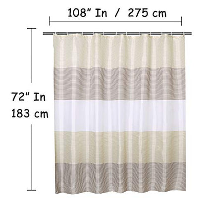 Extra Wide Fabric Shower Curtain Tan Gold for Bathroom, Wrap Around White Neutral Stripe with 18 Hooks, 108" W×72" H Inch - color: Beigetan, size: 108"W x 72"L (Pack of 1)
